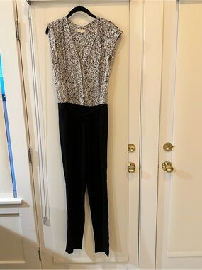 Rebecca Taylor Black and White V-Neck Printed Jumpsuit